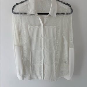 Alexis White Sheer Lace Pleated Front Button-Down Blouse